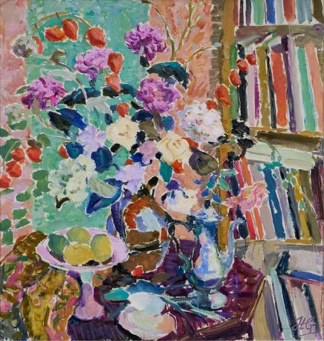 Still Life with Chrysanthemums, Peonies and Silver Coffee Pot