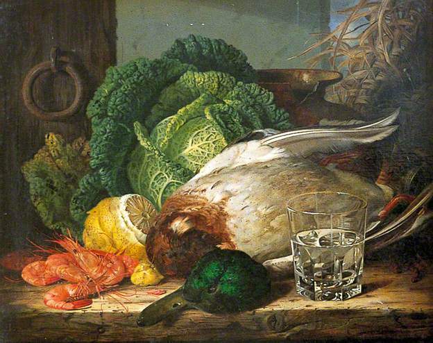 Still Life with Mallard, Prawns and Savoy