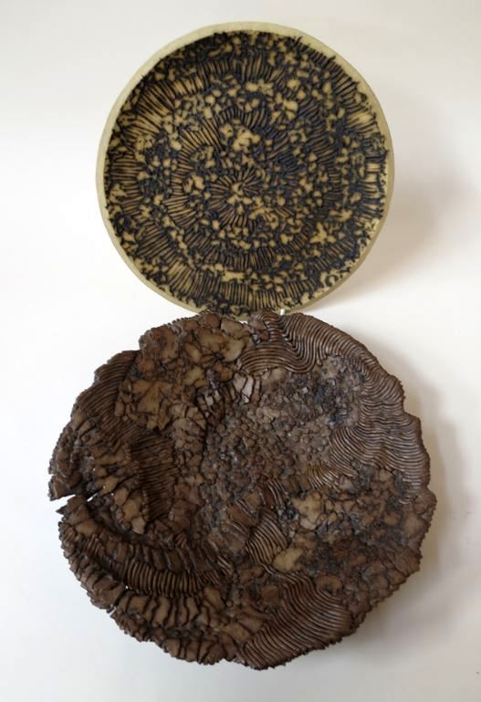 Two studio pottery textured dishes
