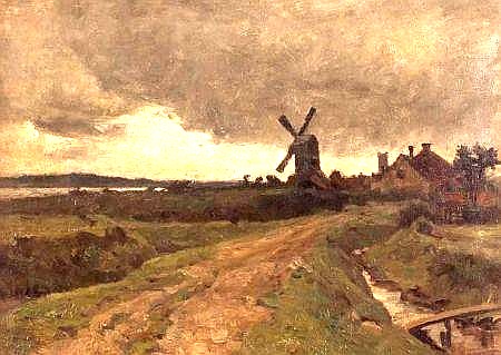 Suffolk  View with Windmill, Cottages and Church