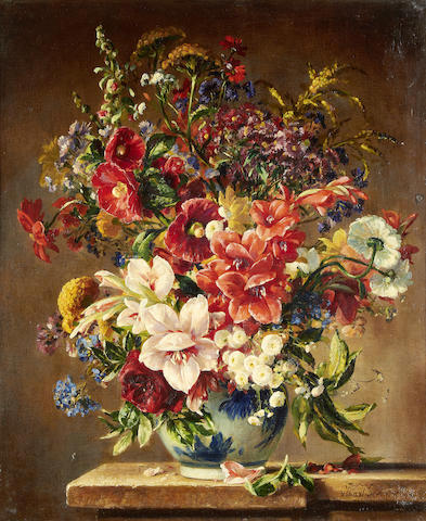 Flowers in a Blue and White Vase