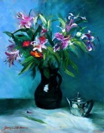 Lilies in Brown Jug with Bachelor Teapot