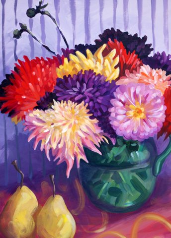 Dahlias in Green Jug with Pears