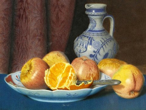 Vase, Plate, and Fruit
