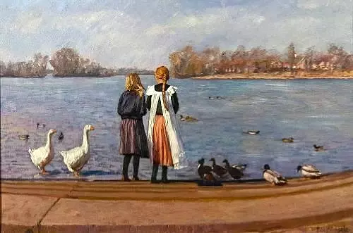 Girls and Ducks at Thorpeness Mere