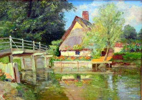 River Scene with Cottages and a Bridge