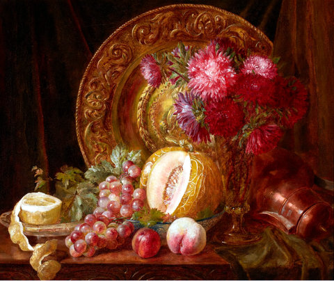 Chrysanthemums, Fruits and Plate