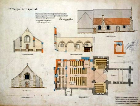Design for new North aisle, St Margaret's Church, Chipstead, Surrey: plan, elevations and sections showing proposed alterations, 23 January 1882