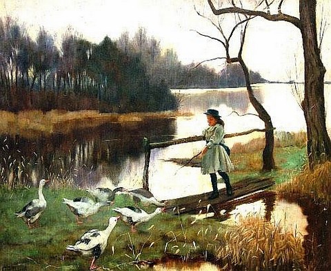 Young Girl Feeding Ducks by a Lake