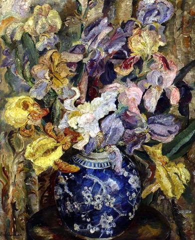 Irises and Flowers in a Blue and White Vase