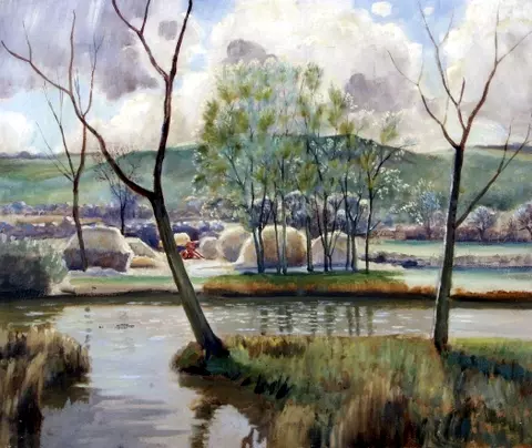 River Scene with Harvesting in Background