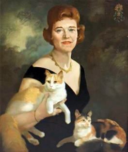 Portrait of Grace Haver, seated with two cats