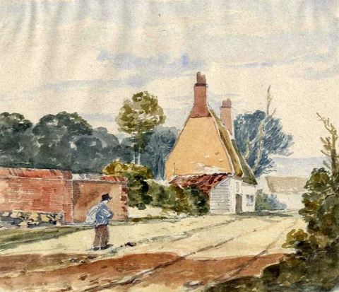 High-Gabled Cottage with Man Carrying a Sack