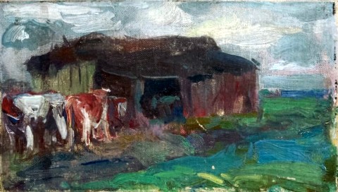 Cattle by a Shed