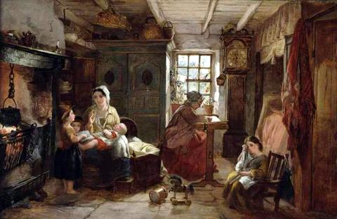 The Mother's Lesson-Cottage Interior at Wishaw, Lanarkshire