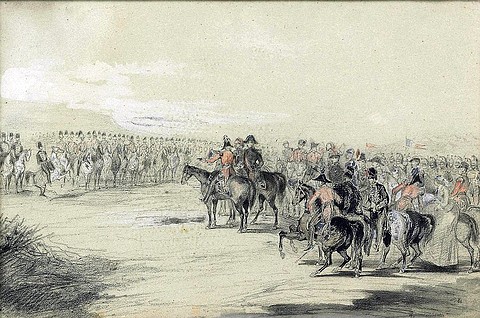 French and British Generals and their Staff reviewing British cavalry in the Crimea in honour of Queen Victoria's birthday