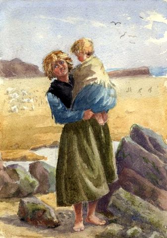 Peasant Mother & Child on Beach