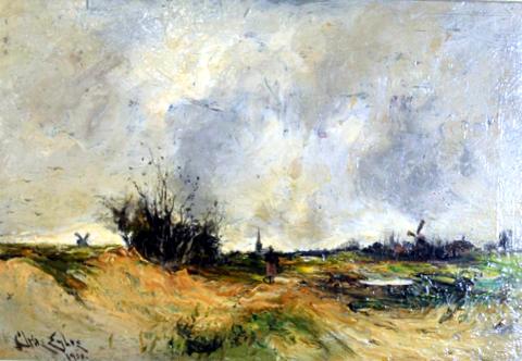 Figure in a Windy Landscape with Distant Mills