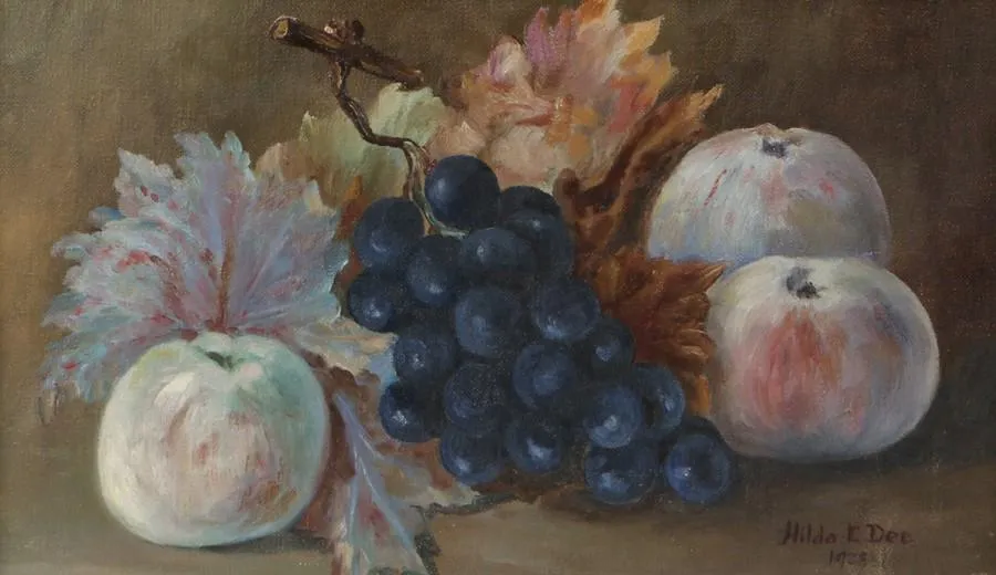 Still Life study of Black Grapes and Apples 