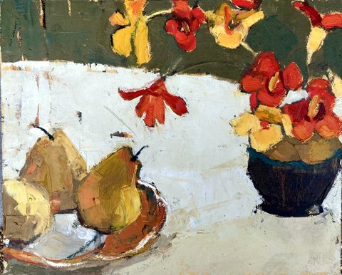 Pears on a Plate with Nasturtiums