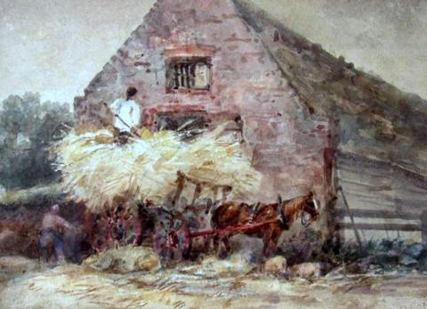 Haywain being unloaded into a Barn