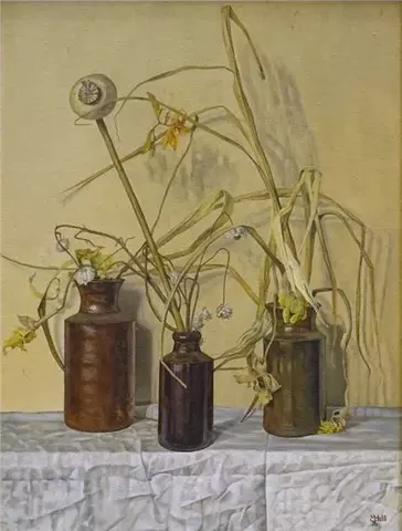 Stone Jars with Dead Flowers