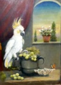Parrot with Fruit on a Window Ledge