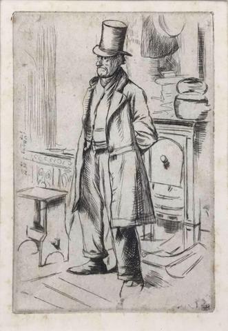 Old Man in Top Hat standing before a Stove
