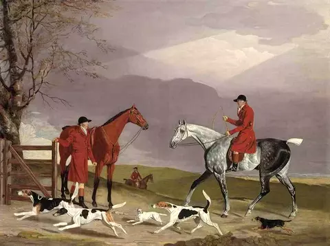 Thomas Oldaker on a grey hunter, with other huntsmen, hounds and terriers