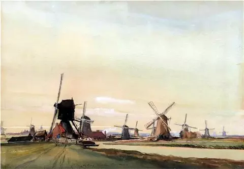Canal Scene with Windmills