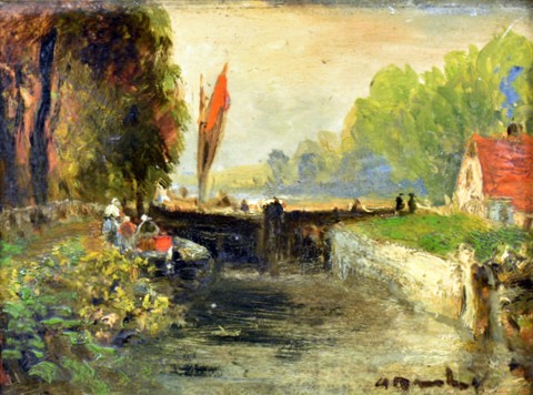 A Canal Scene with Figures by a Lock