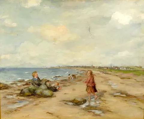 Children on Girvan Beach Flying a Kite