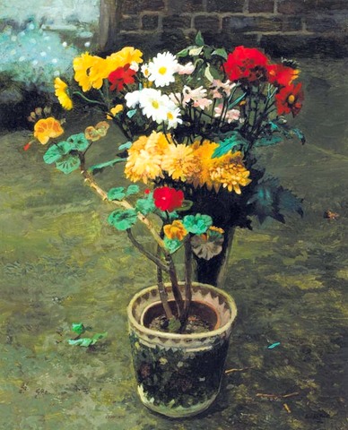 Geraniums with Vase of Chrysanthemums