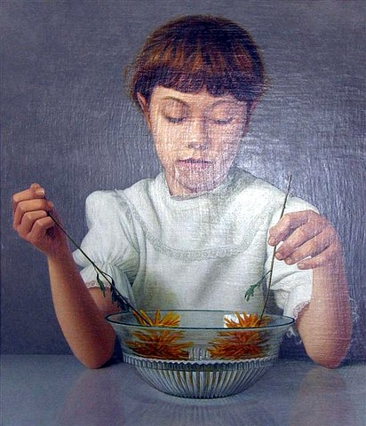 Girl playing with Flowers in a Bowl