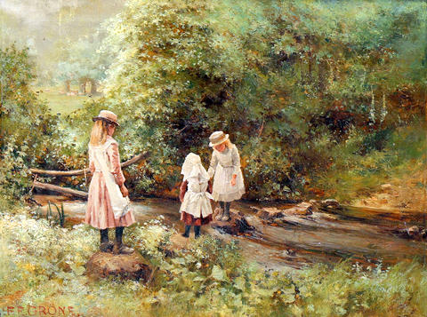 Three Girls crossing a Stream