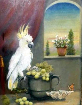 Parrot with Fruit on a Window Ledge