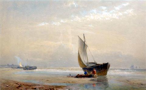 Beached Boats, with a distant Pier
