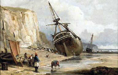 Unloading the timber cargo at low tide