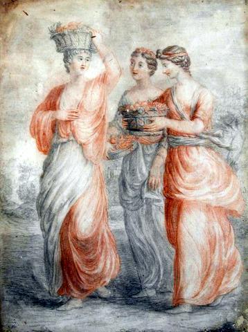 Three Classical Maidens carrying Baskets of Fruit