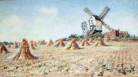 Hayricks, a windmill beyond