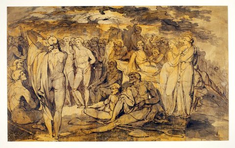 Apollo endeavouring to raise the walls of Troy