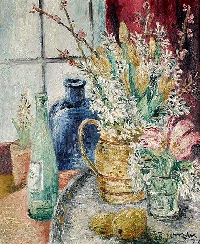 Still Life with flowers, lemons and a blue bottle