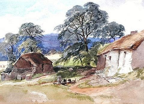 Figures before cottage in Arran
