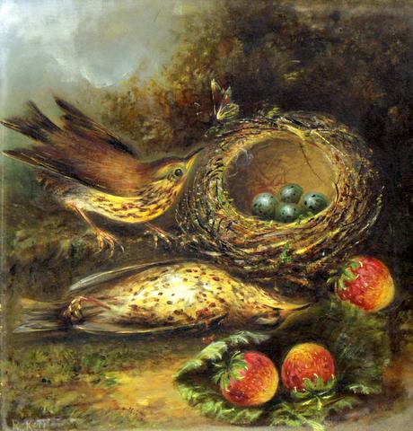 Still life of Songbirds, Strawberries and a Nest