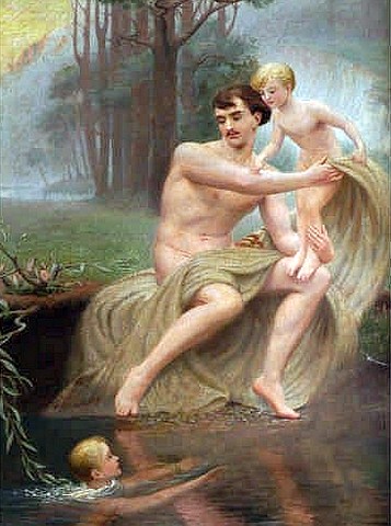 Father and Two Children Bathing