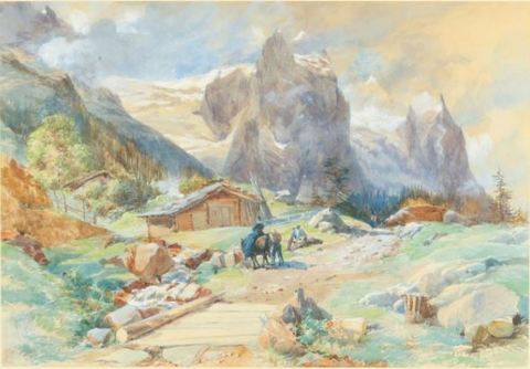 Swiss Alpine View with figures by a log cabin