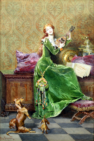 Portrait of Theresa Macquoid playing a Mandolin