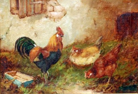 Chickens near a Barn