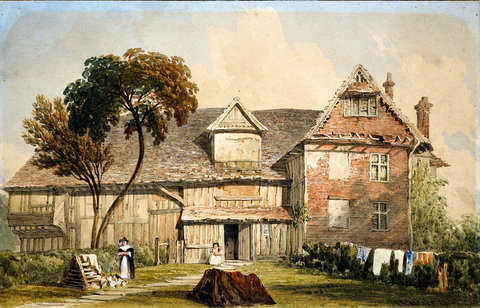 Farmhouse with a woman feeding chickens