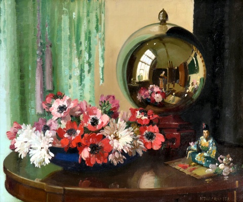 Still life of flowers, a witches ball and an Oriental figure